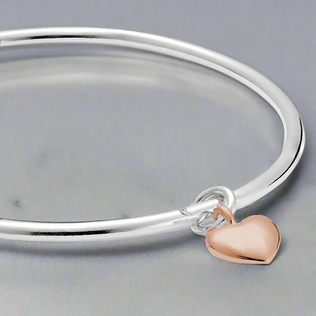 Forever Heart Silver & Solid Rose Gold Charm Bangle