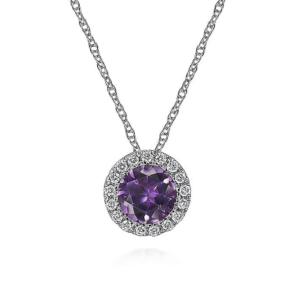 Gabriel & Co. 14k White Gold Amethyst And Diamond Halo Pendant Necklace