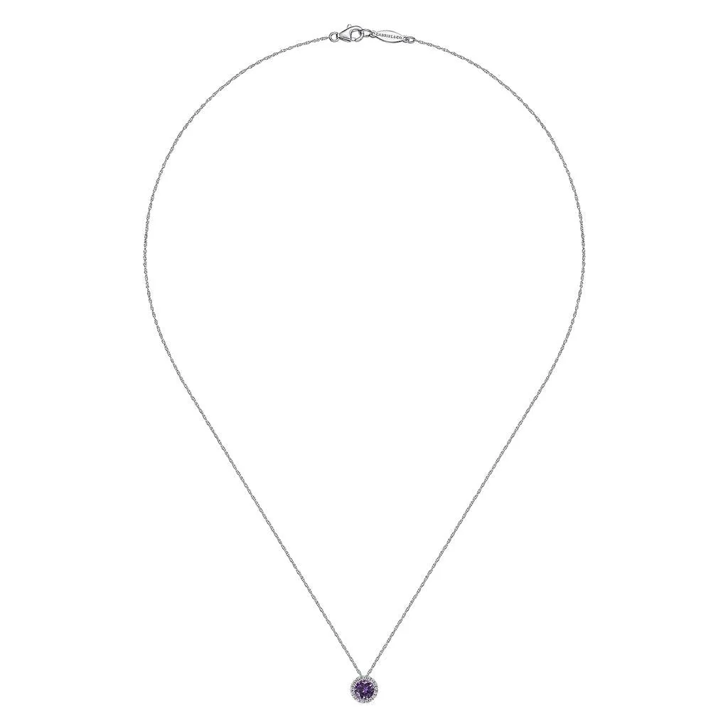 Gabriel & Co. 14k White Gold Amethyst And Diamond Halo Pendant Necklace