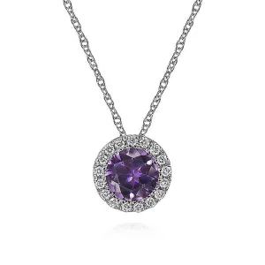 Gabriel & Co. 14k White Gold Amethyst And Diamond Halo Pendant Necklace