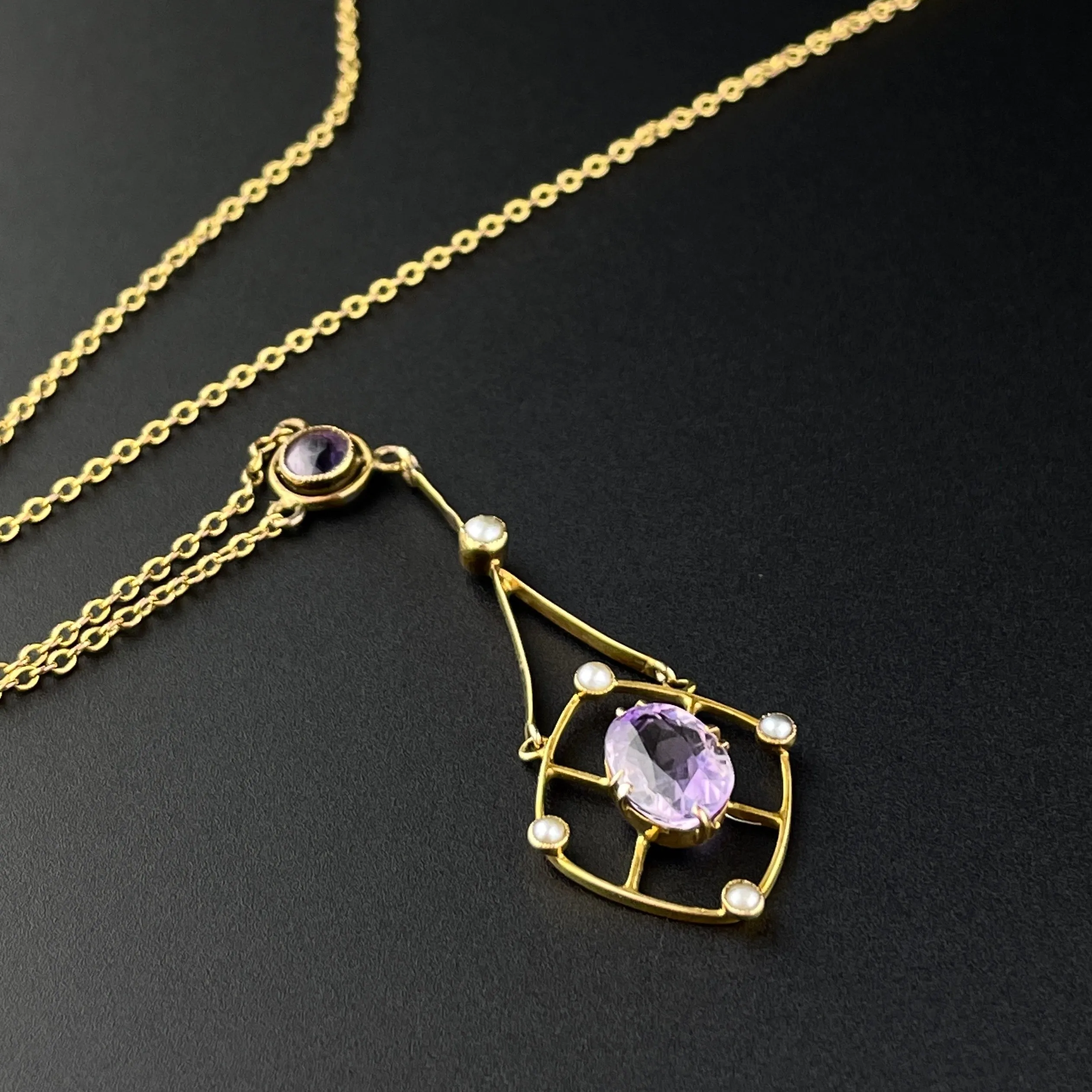 Gold Pearl Amethyst Lavalier Pendant Necklace