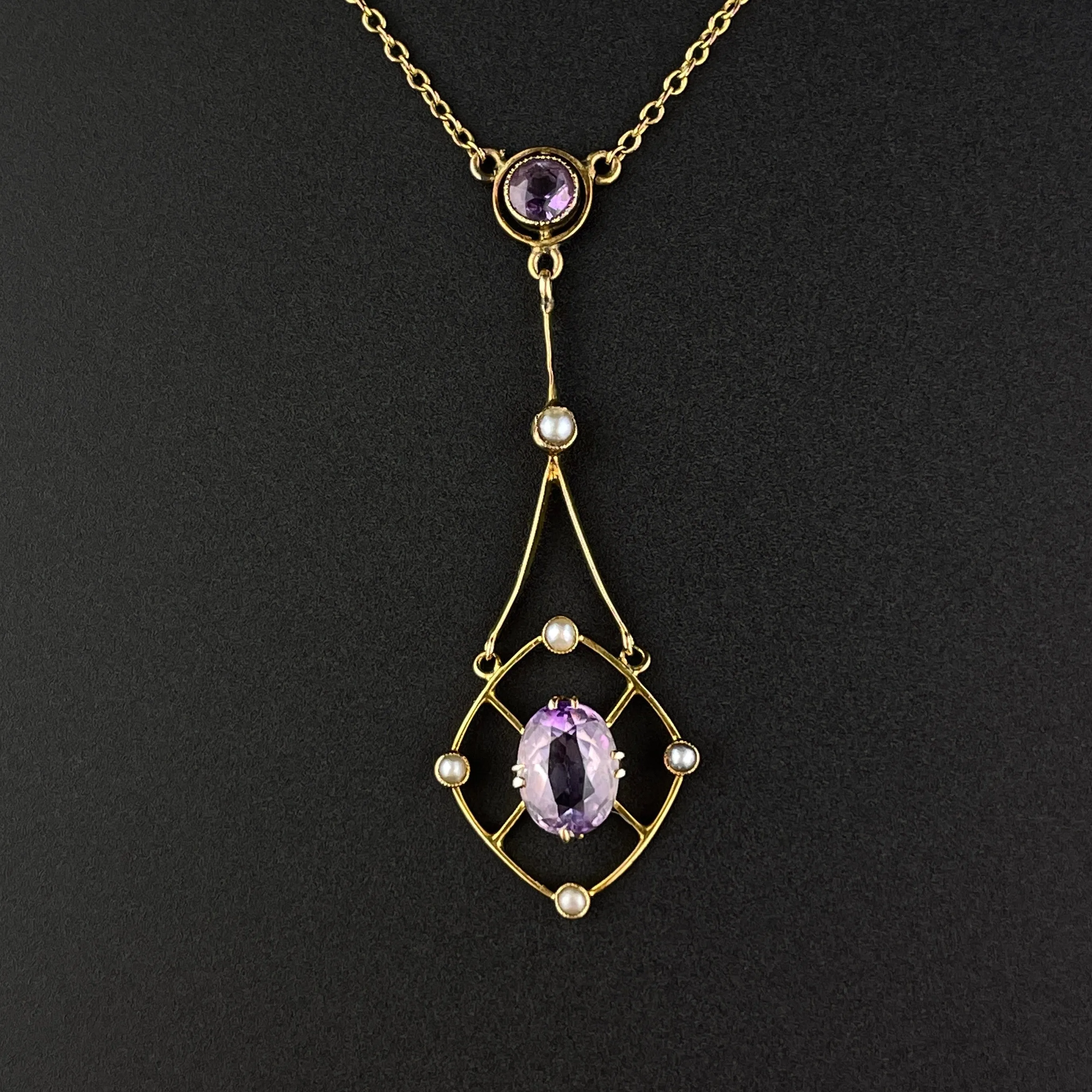 Gold Pearl Amethyst Lavalier Pendant Necklace