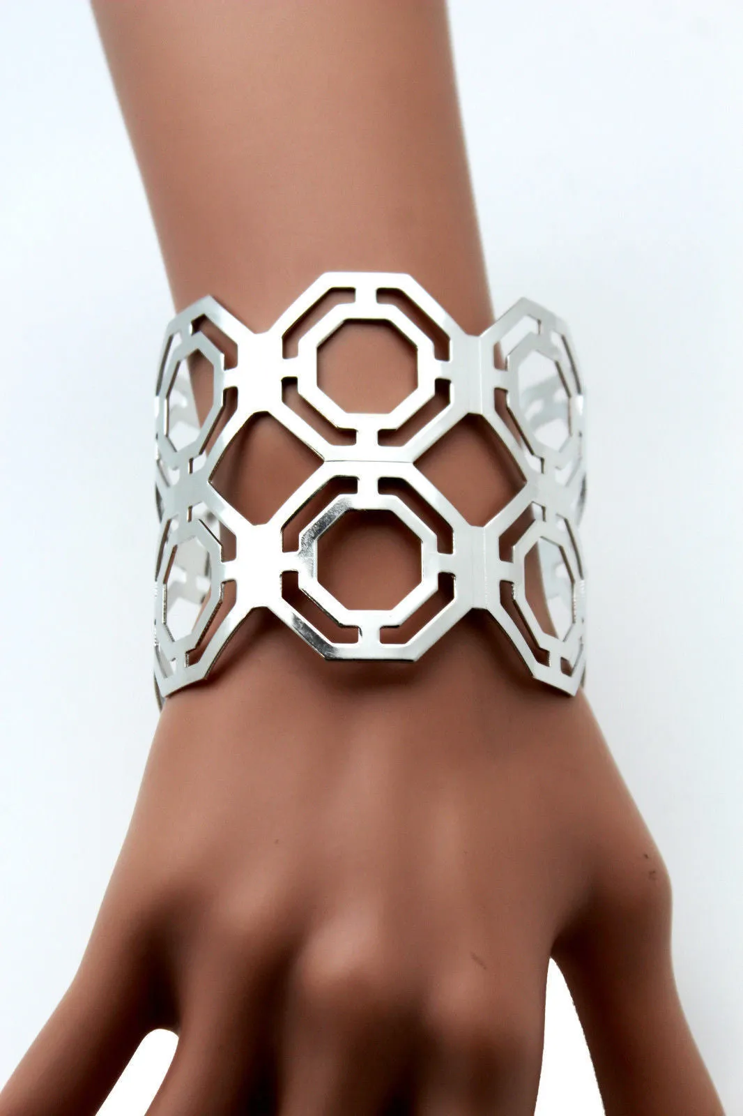 Gold Silver Thin Metal Hand Cuff Bracelet Geometric Shapes