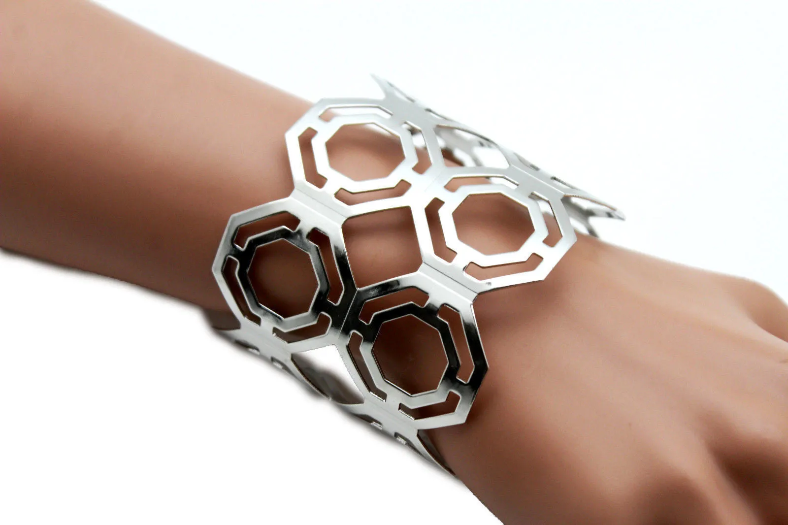 Gold Silver Thin Metal Hand Cuff Bracelet Geometric Shapes