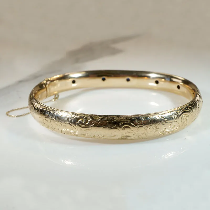 Gorgeous Engraved Gold & Sapphire Art Nouveau Bangle