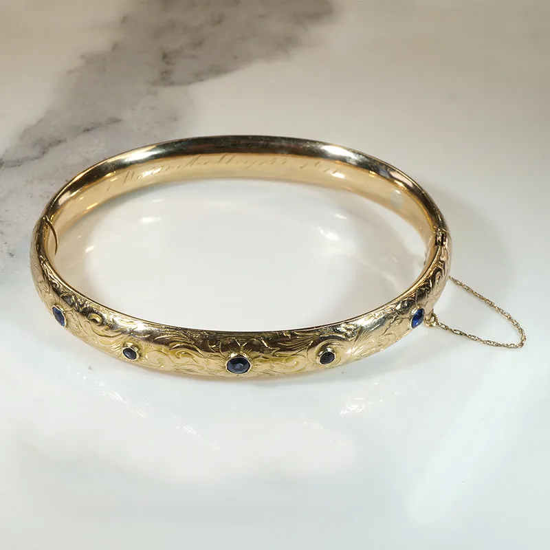 Gorgeous Engraved Gold & Sapphire Art Nouveau Bangle