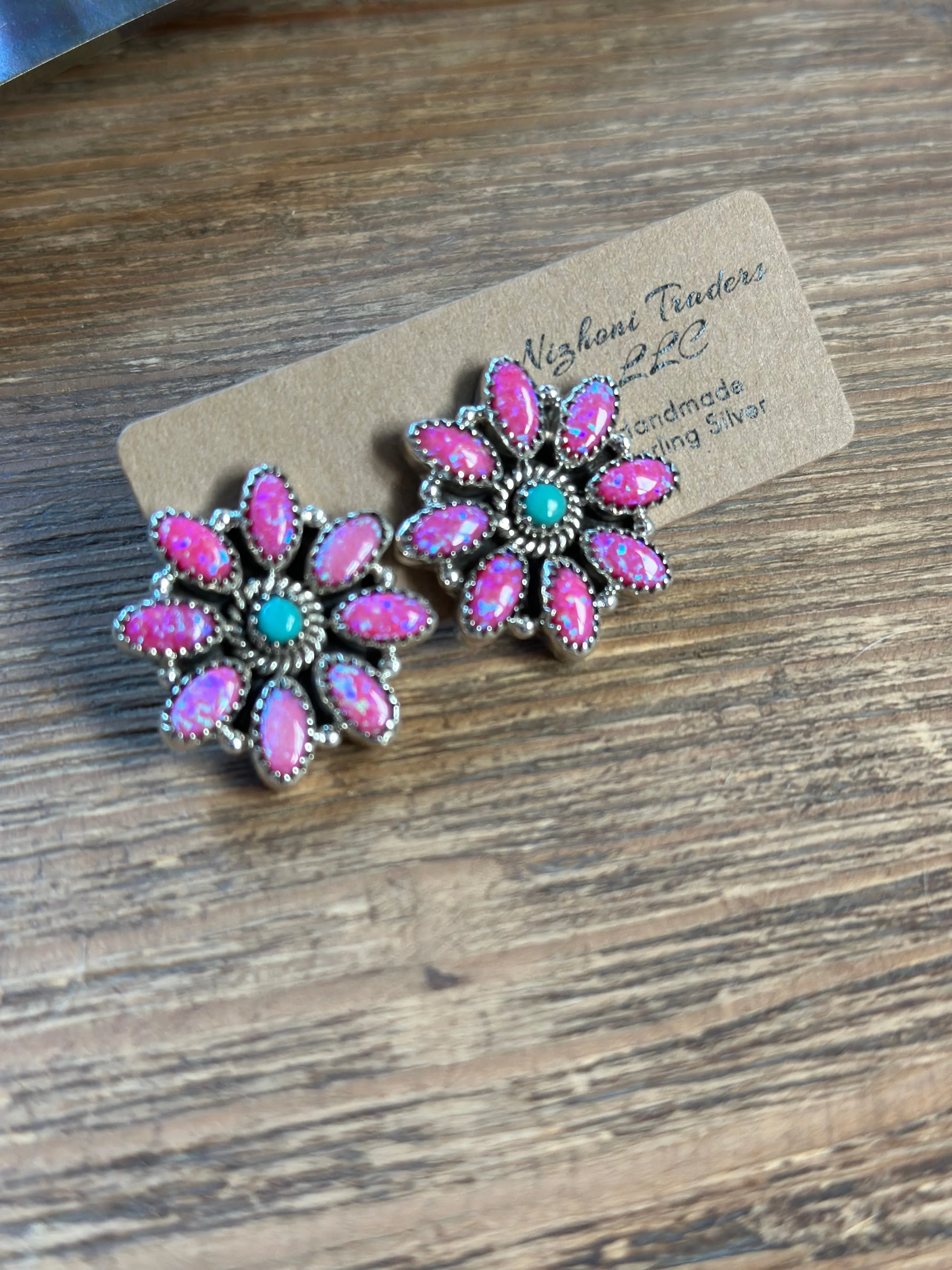 Handmade Sterling Silver, Hot Pink Opal and Turquoise Post Cluster Earrings