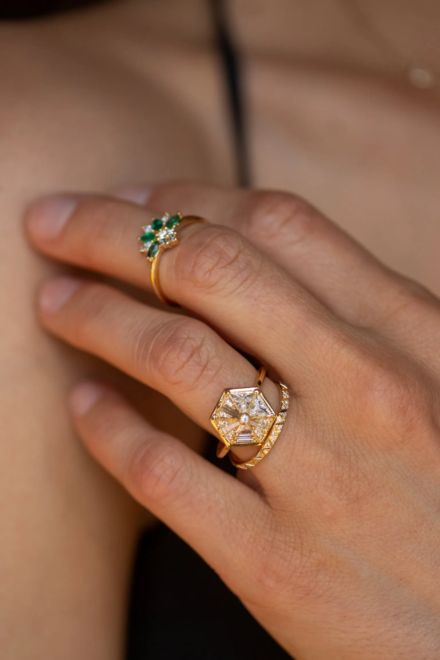 Hexagon Ring with Baguette & Triangle Diamonds