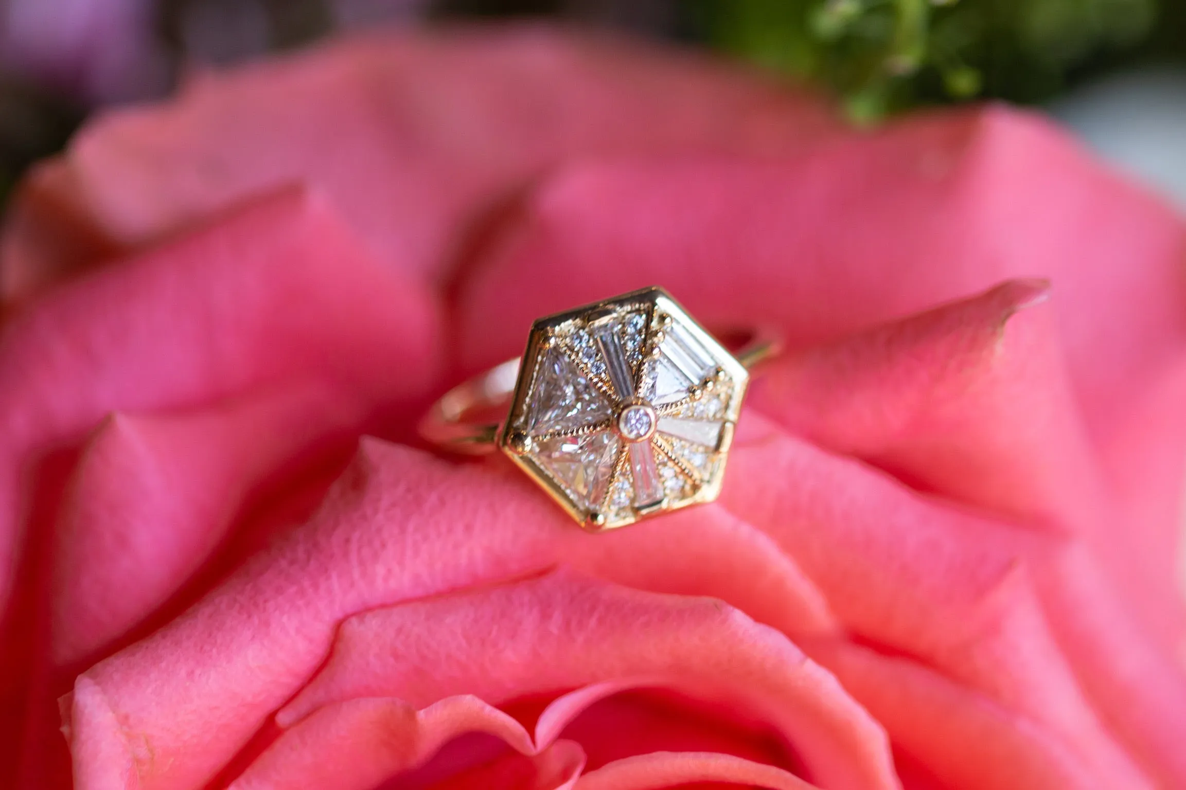 Hexagon Ring with Baguette & Triangle Diamonds