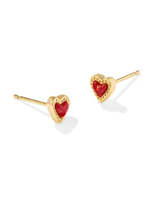 Kendra Scott Mini Ari Heart Stud Earrings - Gold Red Kyocera Opal