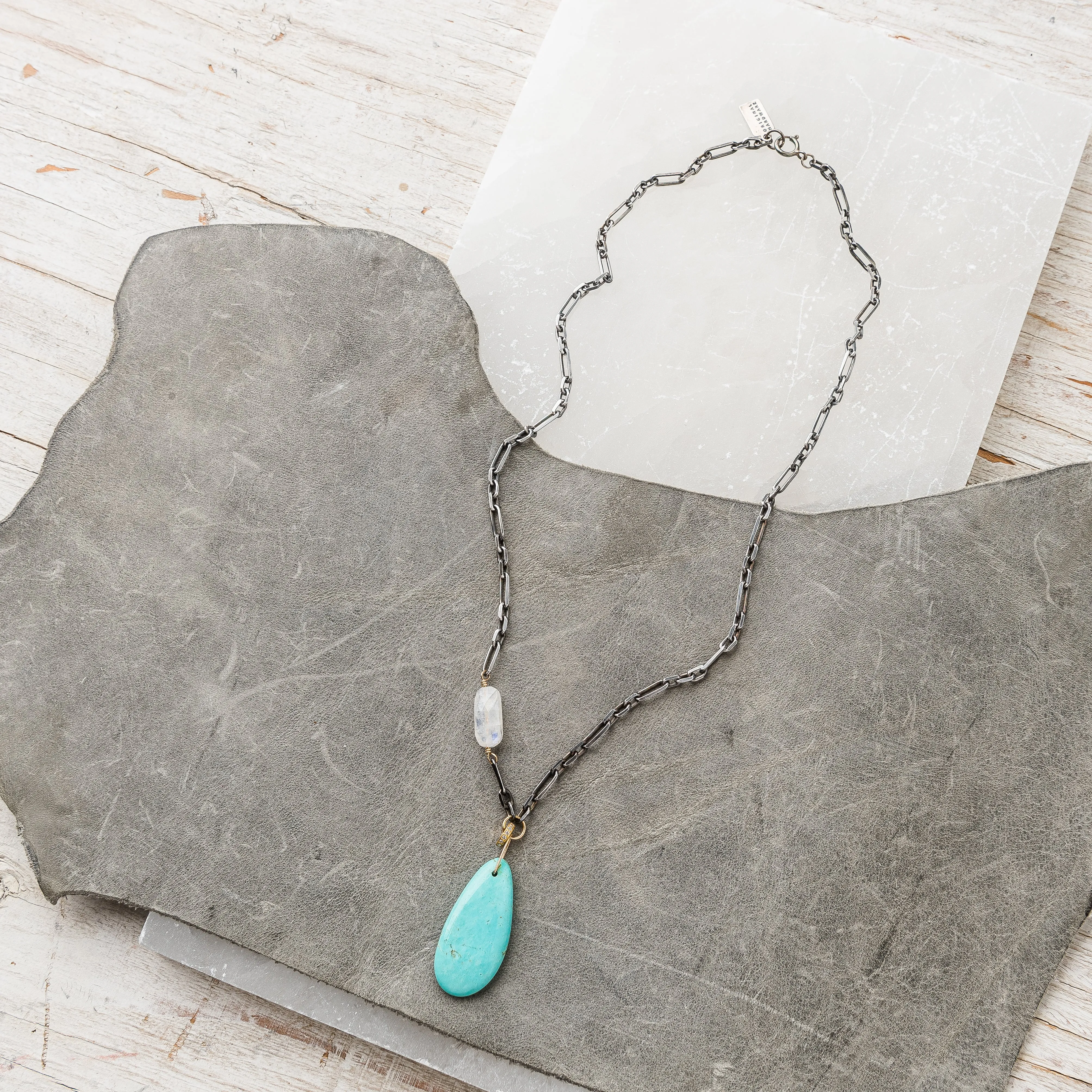 Kingman Turquoise Necklace with Moonstone and Diamond Rondelle