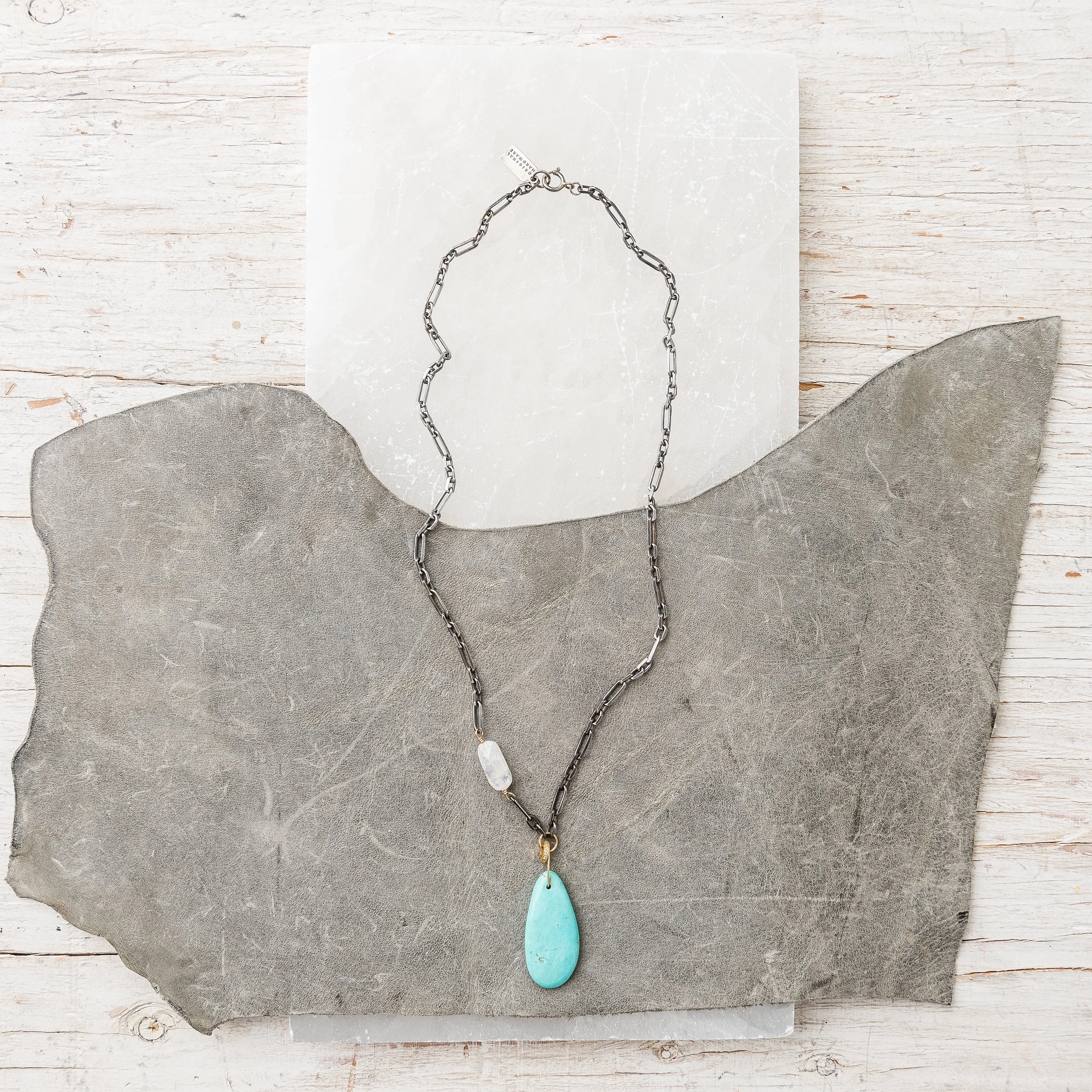 Kingman Turquoise Necklace with Moonstone and Diamond Rondelle