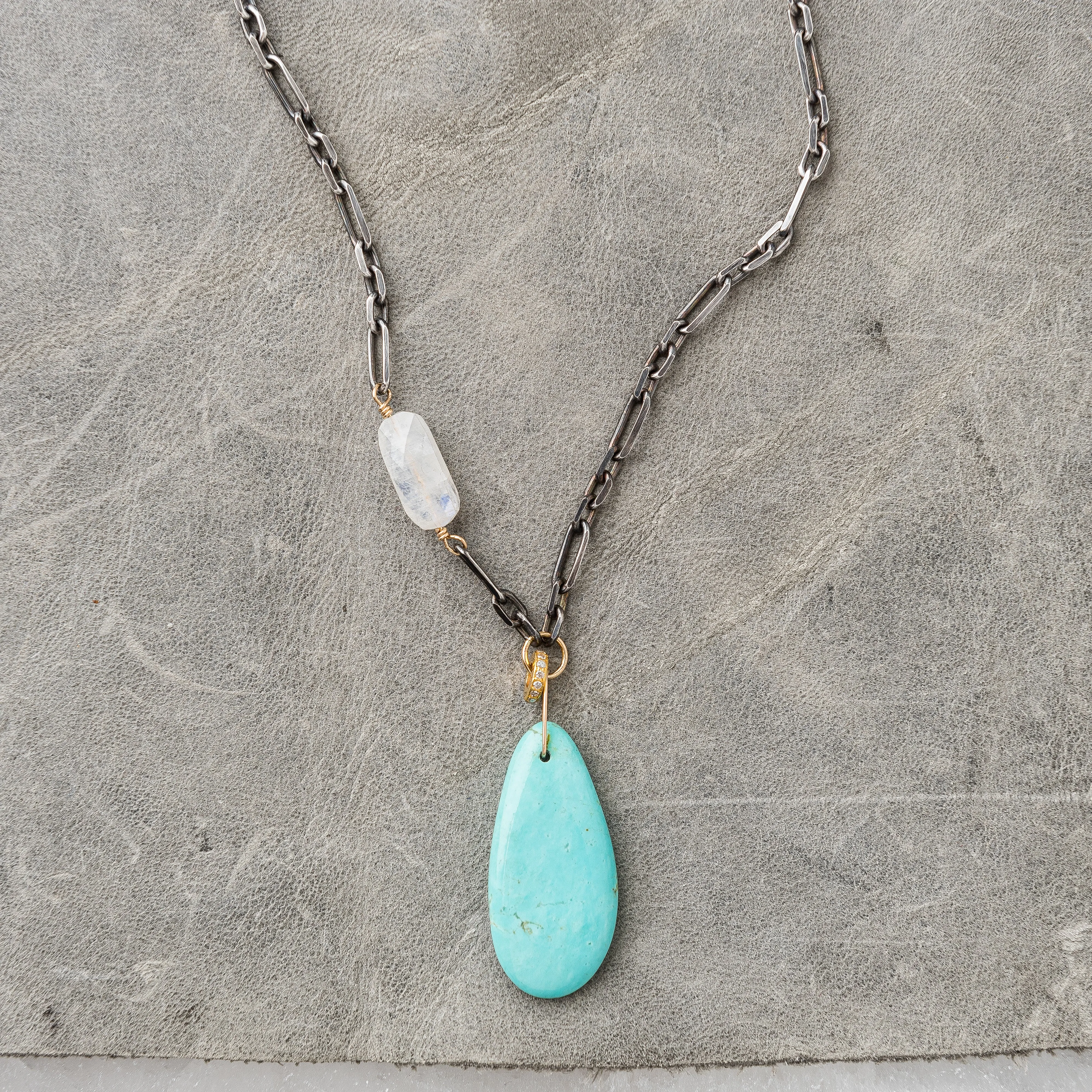 Kingman Turquoise Necklace with Moonstone and Diamond Rondelle