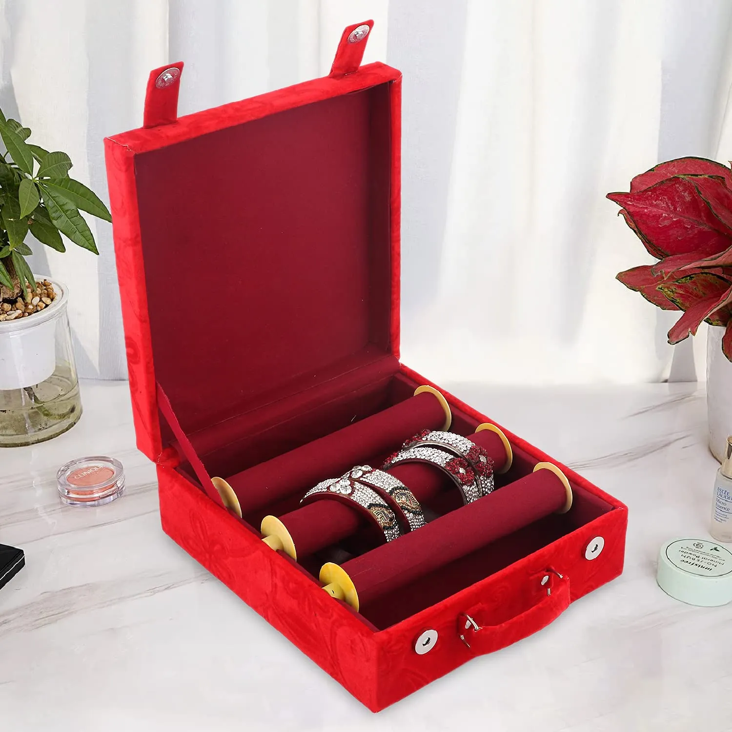 Kuber Industries Wooden Flower Print 3 Rod Bangle Box|Chudi Box And 2 Magnetic Buckle With Removable Rod & Handle (Red)