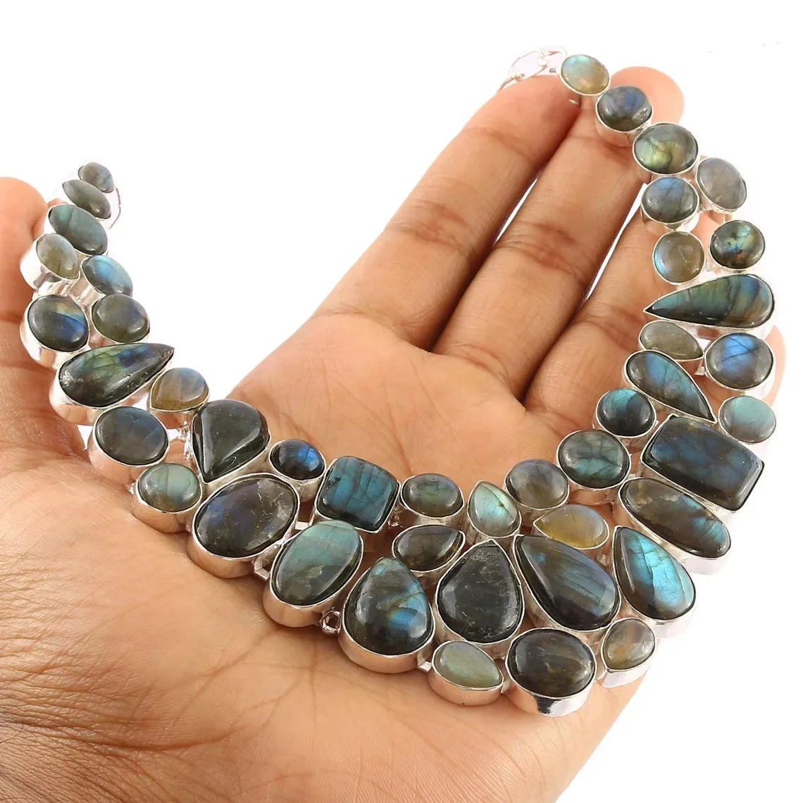 Labradorite Vintage Bib Necklace For Women - 925 Solid Sterling Silver Wedding Necklace