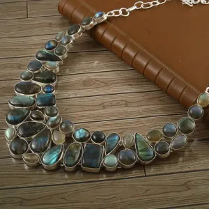 Labradorite Vintage Bib Necklace For Women - 925 Solid Sterling Silver Wedding Necklace