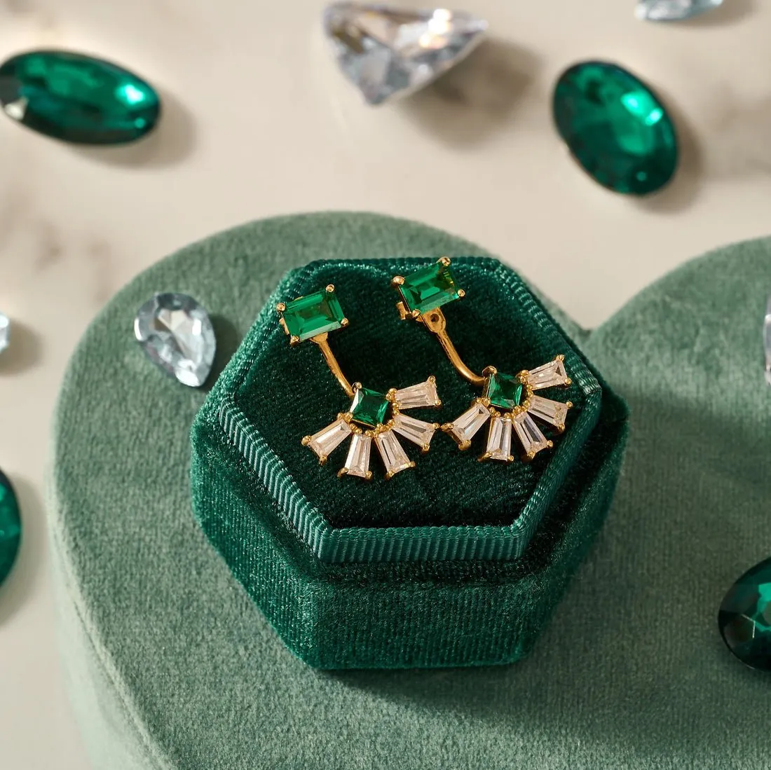 Lola Deco Fan Jacket Earrings Emerald CZ and Gold