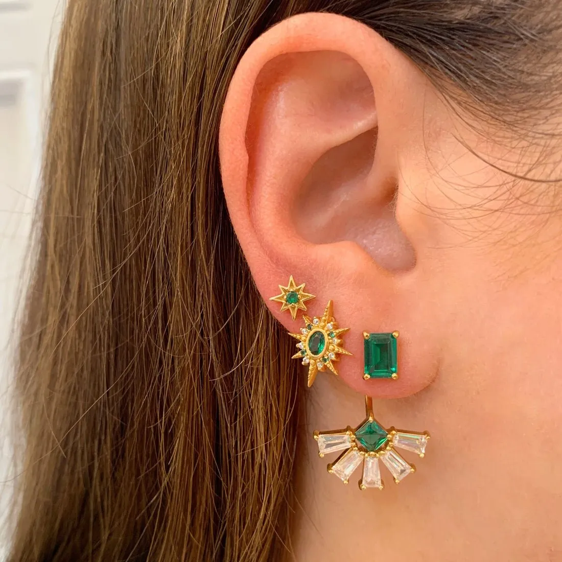 Lola Deco Fan Jacket Earrings Emerald CZ and Gold