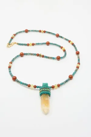 Long Pendulum Necklace in Apatite, Red Jasper, Olive Opal Beads and Quartz