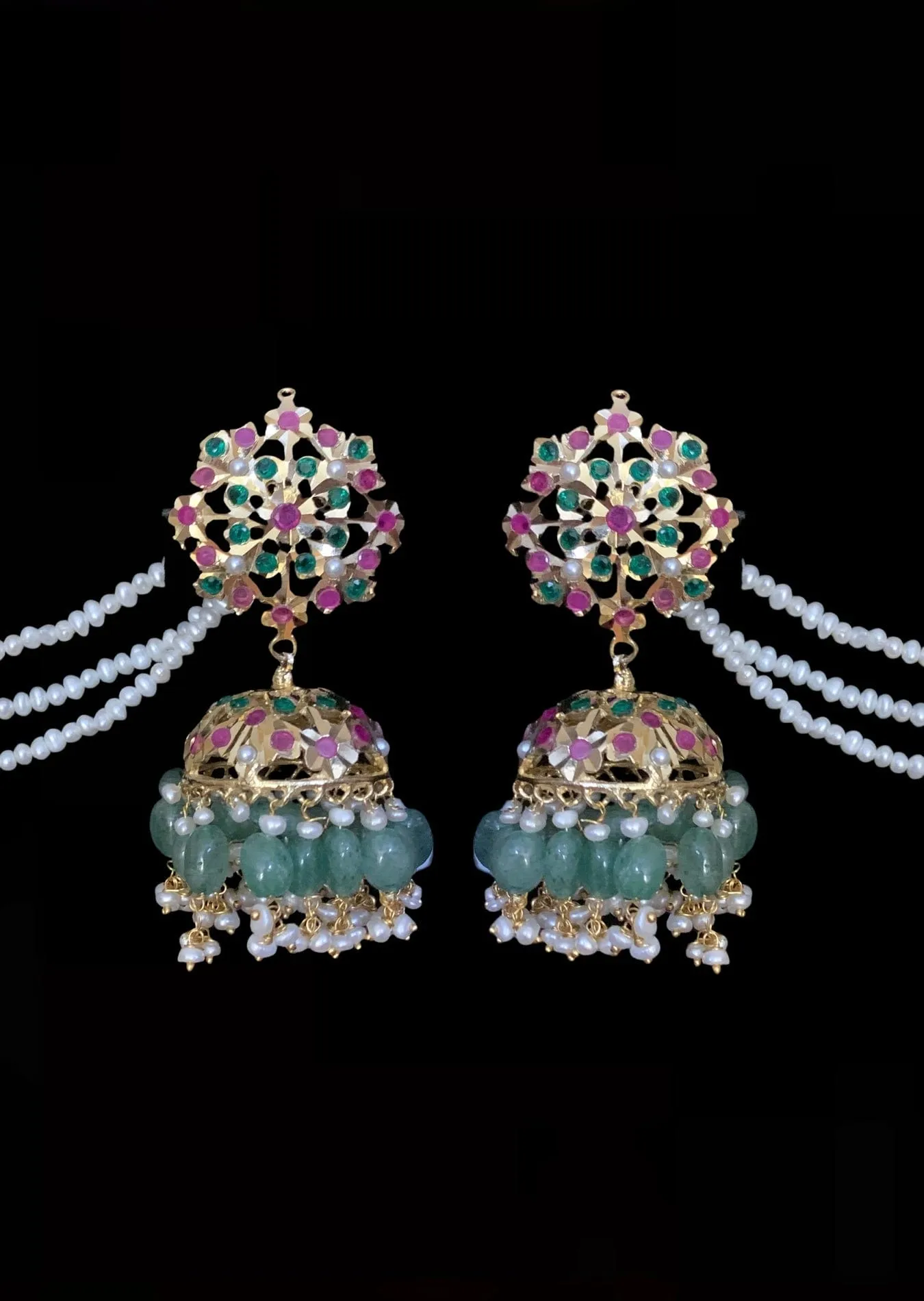 MAHIMA large jadau jhumka in emerald beads with fresh water pearls ( SHIPS IN 2 WEEKS  )