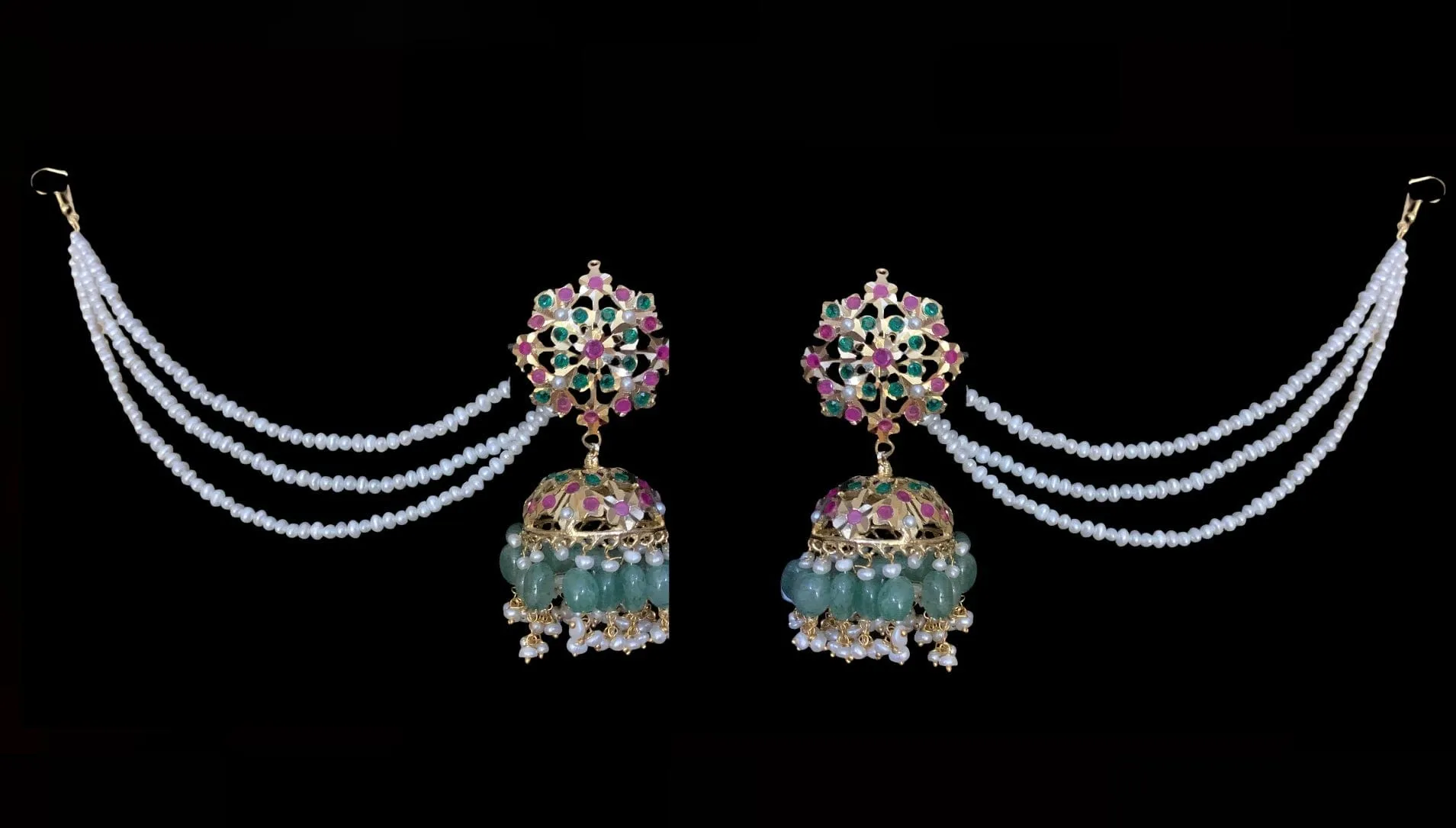 MAHIMA large jadau jhumka in emerald beads with fresh water pearls ( SHIPS IN 2 WEEKS  )