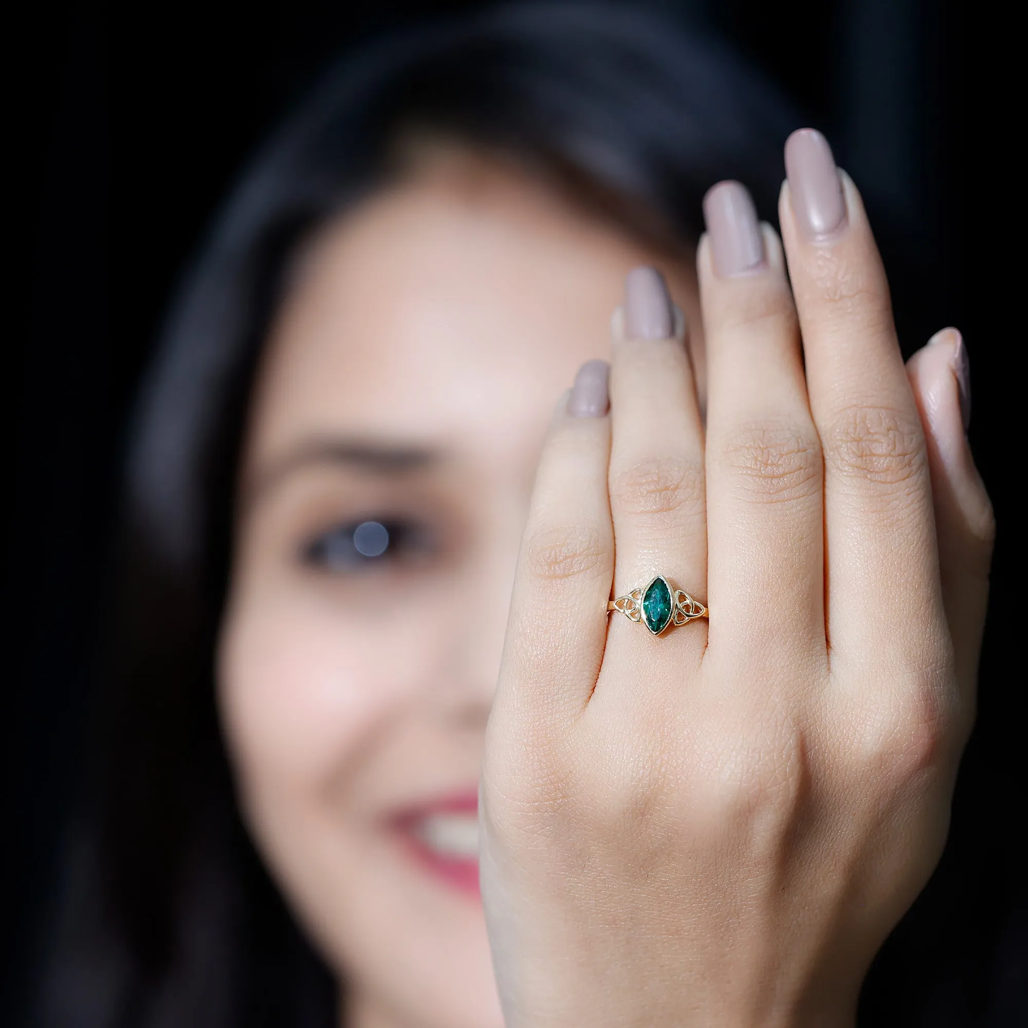 Marquise Lab Grown Emerald Solitaire Celtic Knot Ring