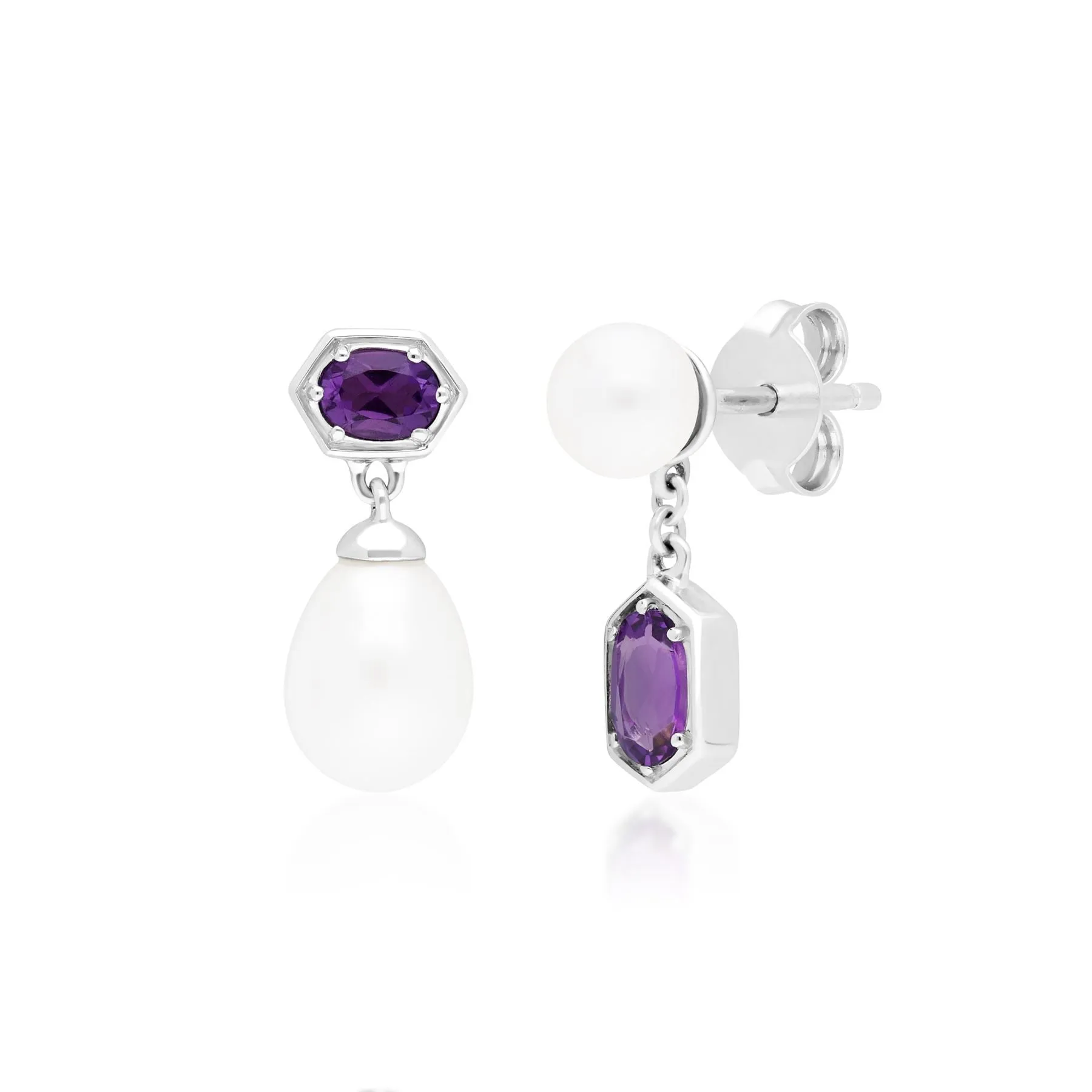 Moderne Perle & Amethyst Tropfen Ohrring & Anhänger Satz in Sterling Silber