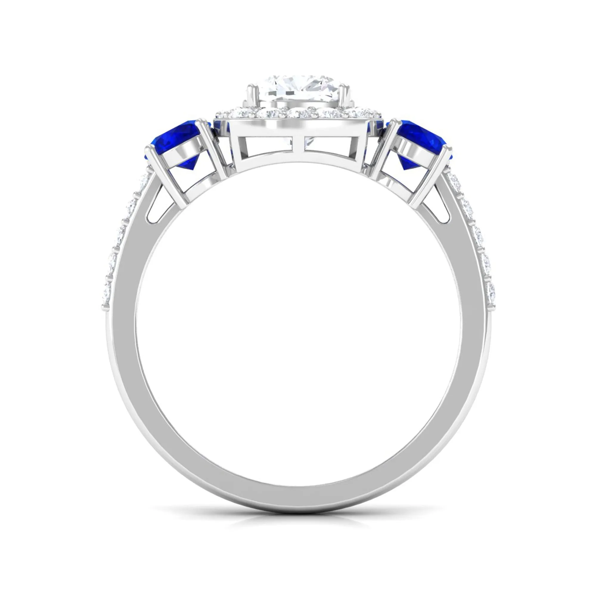 Moissanite Cushion Engagement Ring With Lab Grown Blue Sapphire