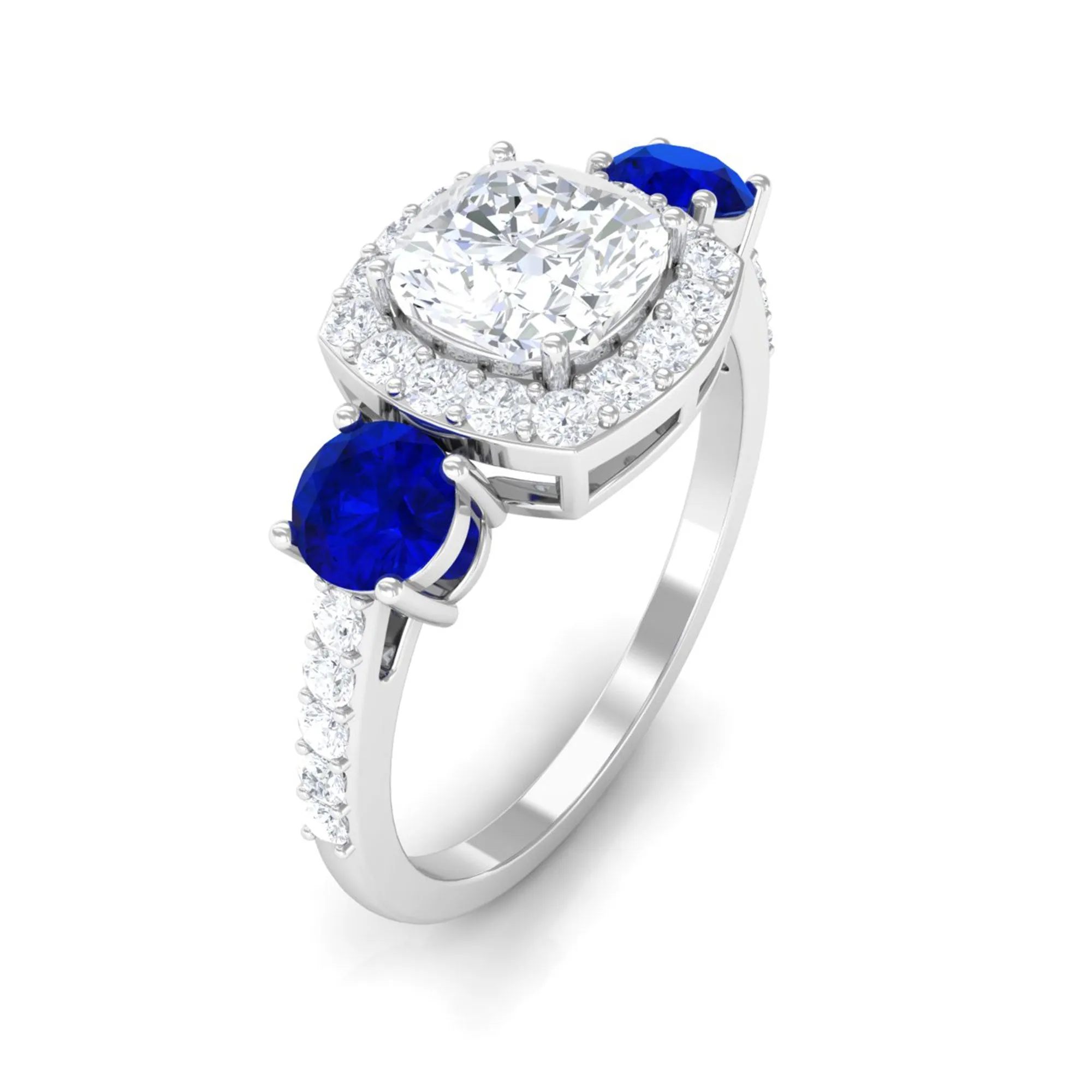 Moissanite Cushion Engagement Ring With Lab Grown Blue Sapphire