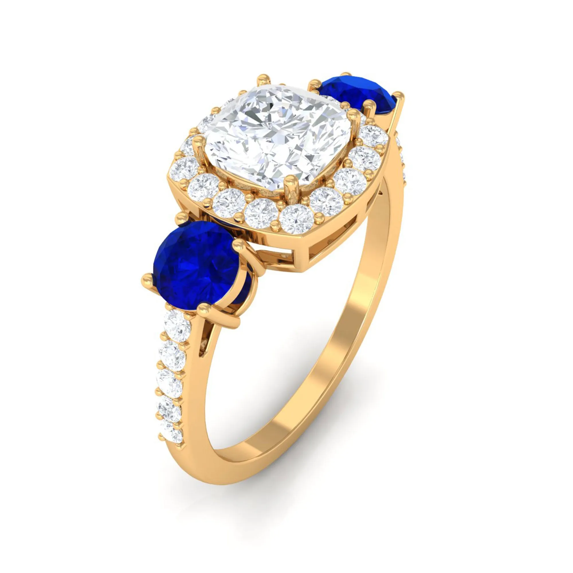 Moissanite Cushion Engagement Ring With Lab Grown Blue Sapphire