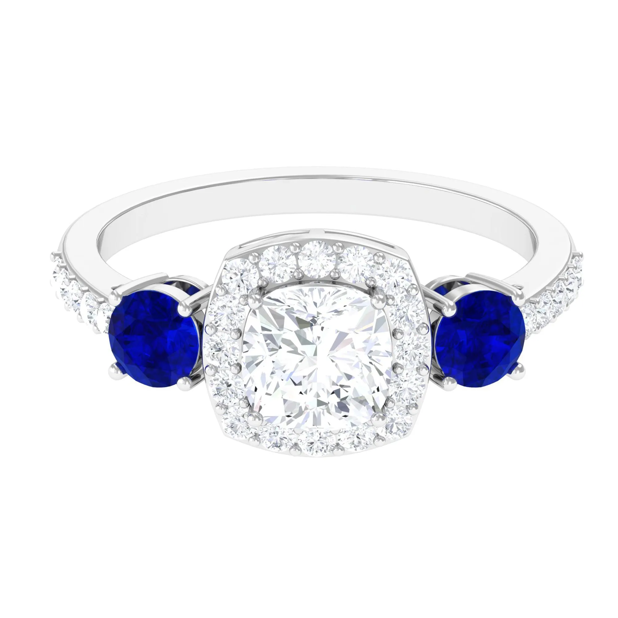 Moissanite Cushion Engagement Ring With Lab Grown Blue Sapphire