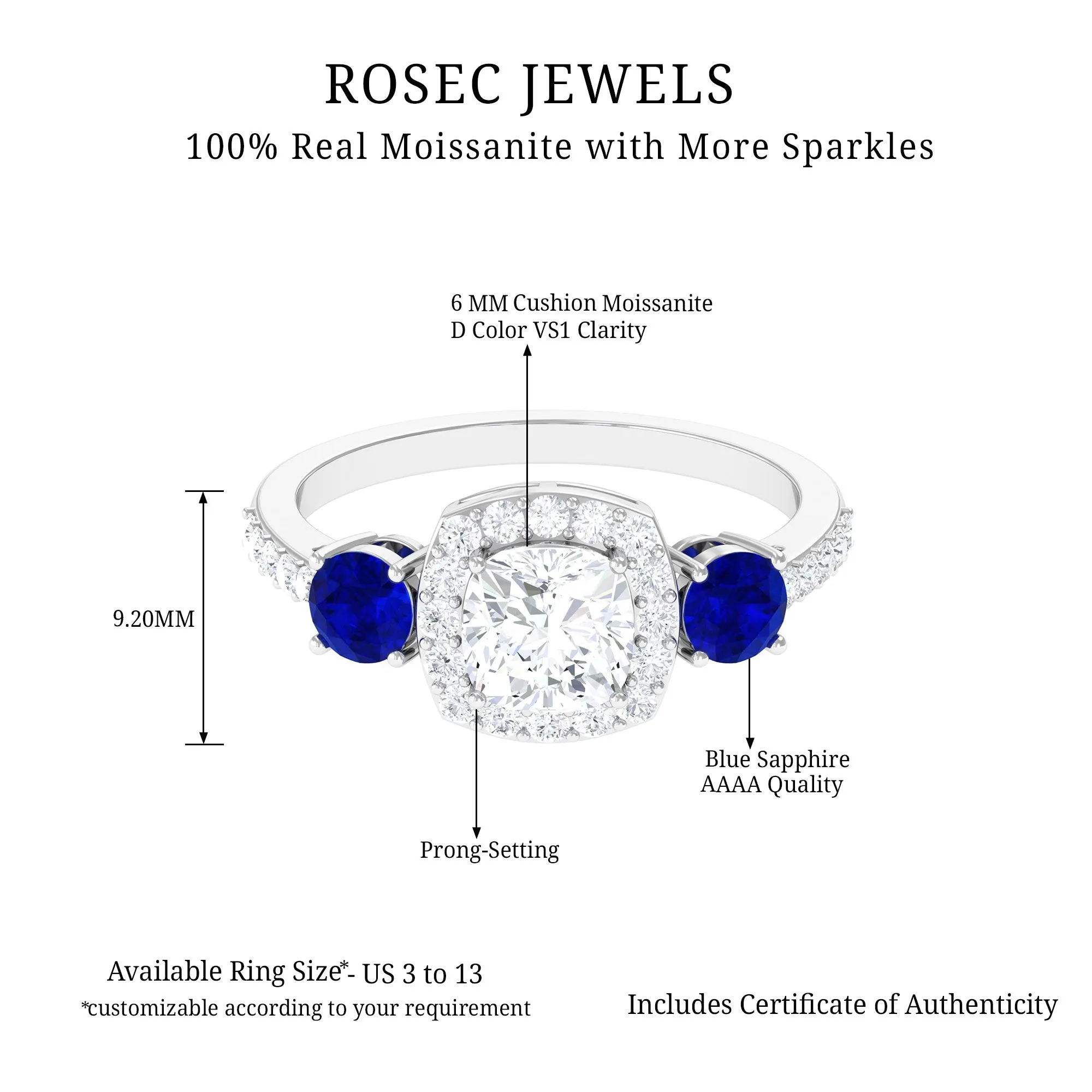 Moissanite Cushion Engagement Ring With Lab Grown Blue Sapphire