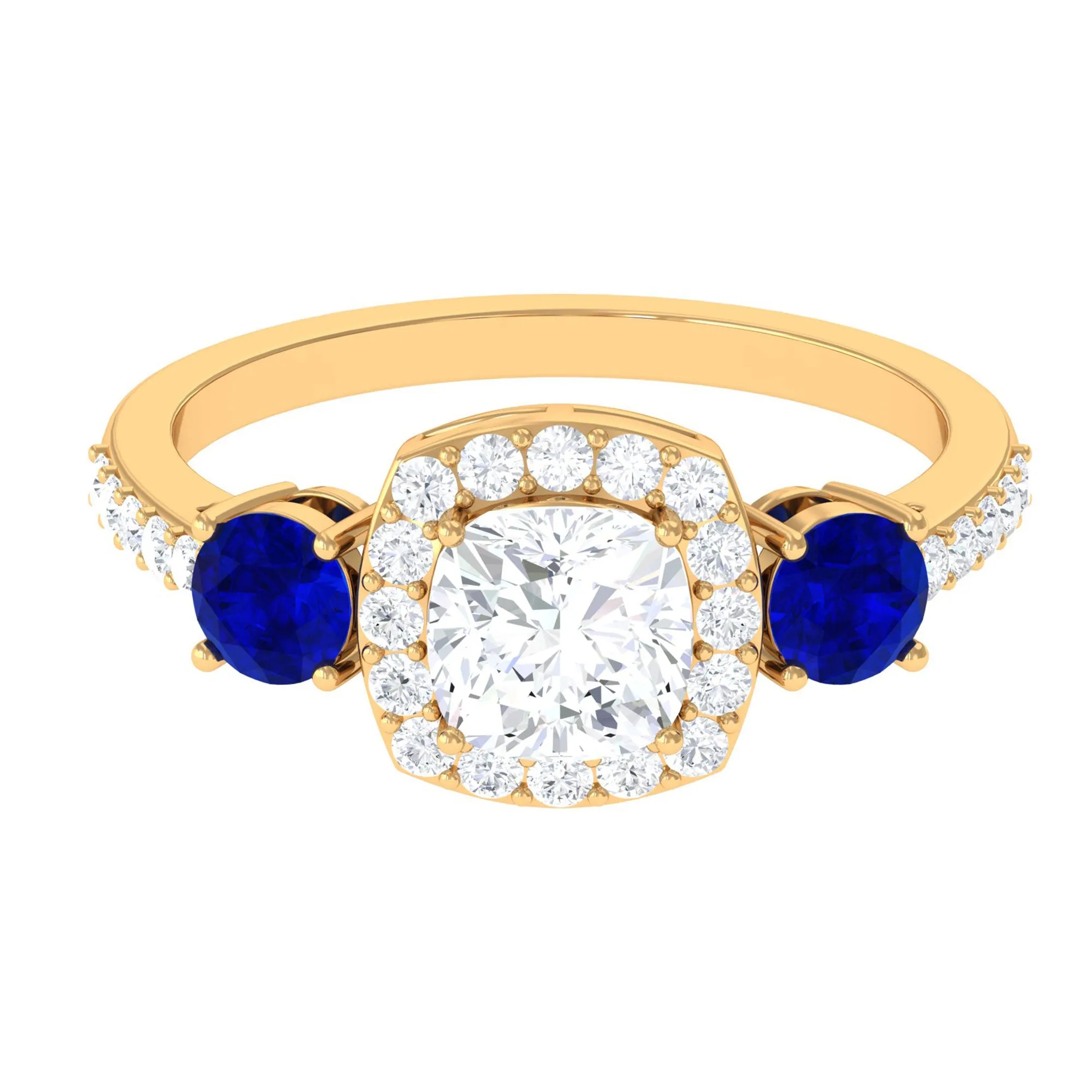 Moissanite Cushion Engagement Ring With Lab Grown Blue Sapphire