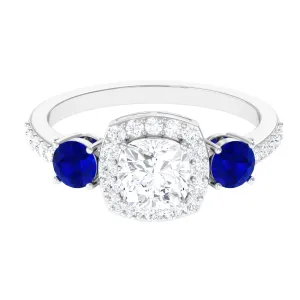 Moissanite Cushion Engagement Ring With Lab Grown Blue Sapphire