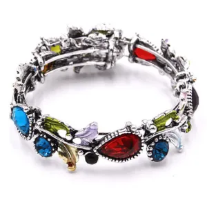 Multi Color Crystal Adjustable Flower Bangle Bracelet In Silver