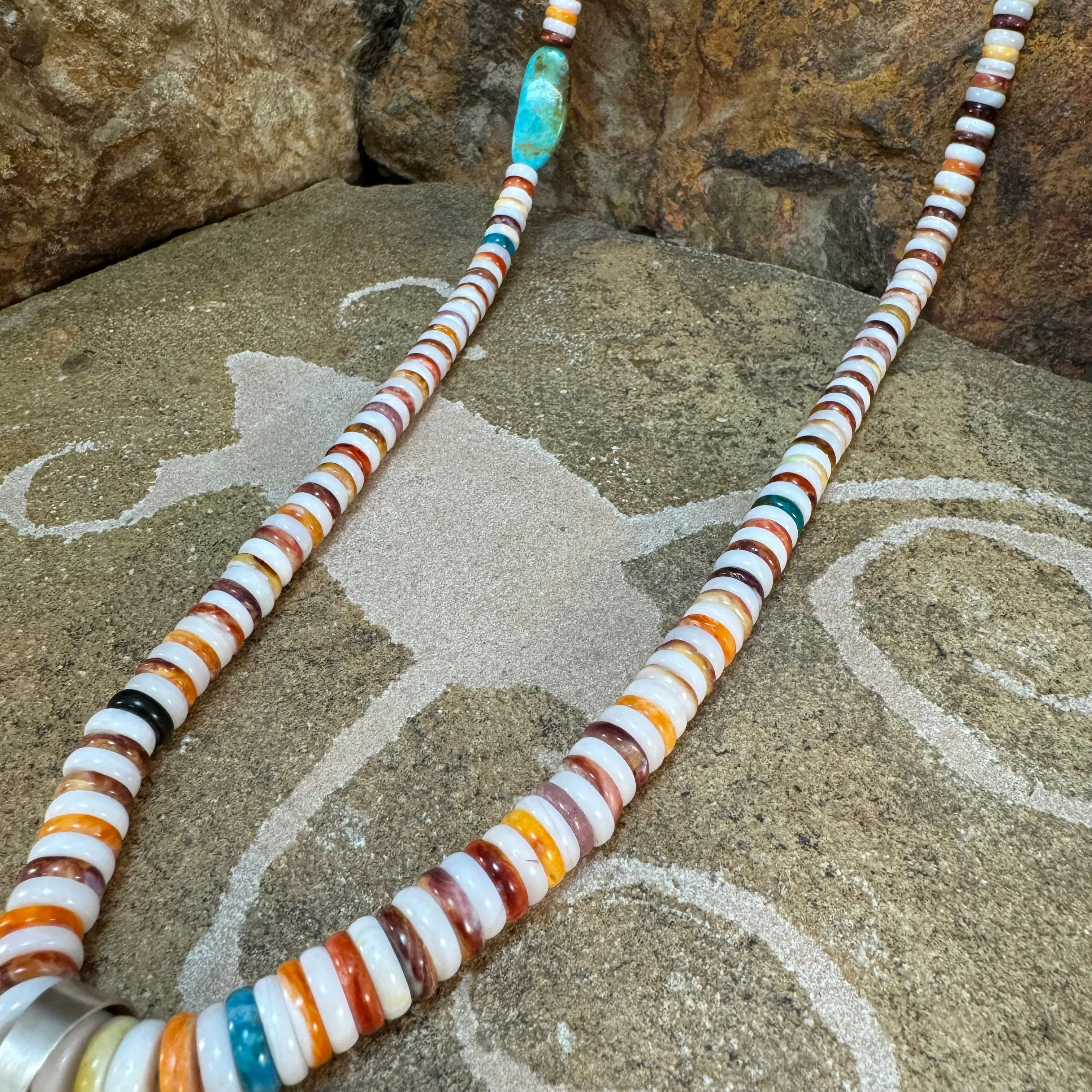 Multi Stone Beaded Necklace w/ Sterling Silver Tyrone Turquoise Pendant by Mary Tso