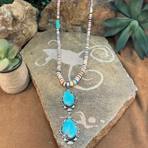 Multi Stone Beaded Necklace w/ Sterling Silver Tyrone Turquoise Pendant by Mary Tso