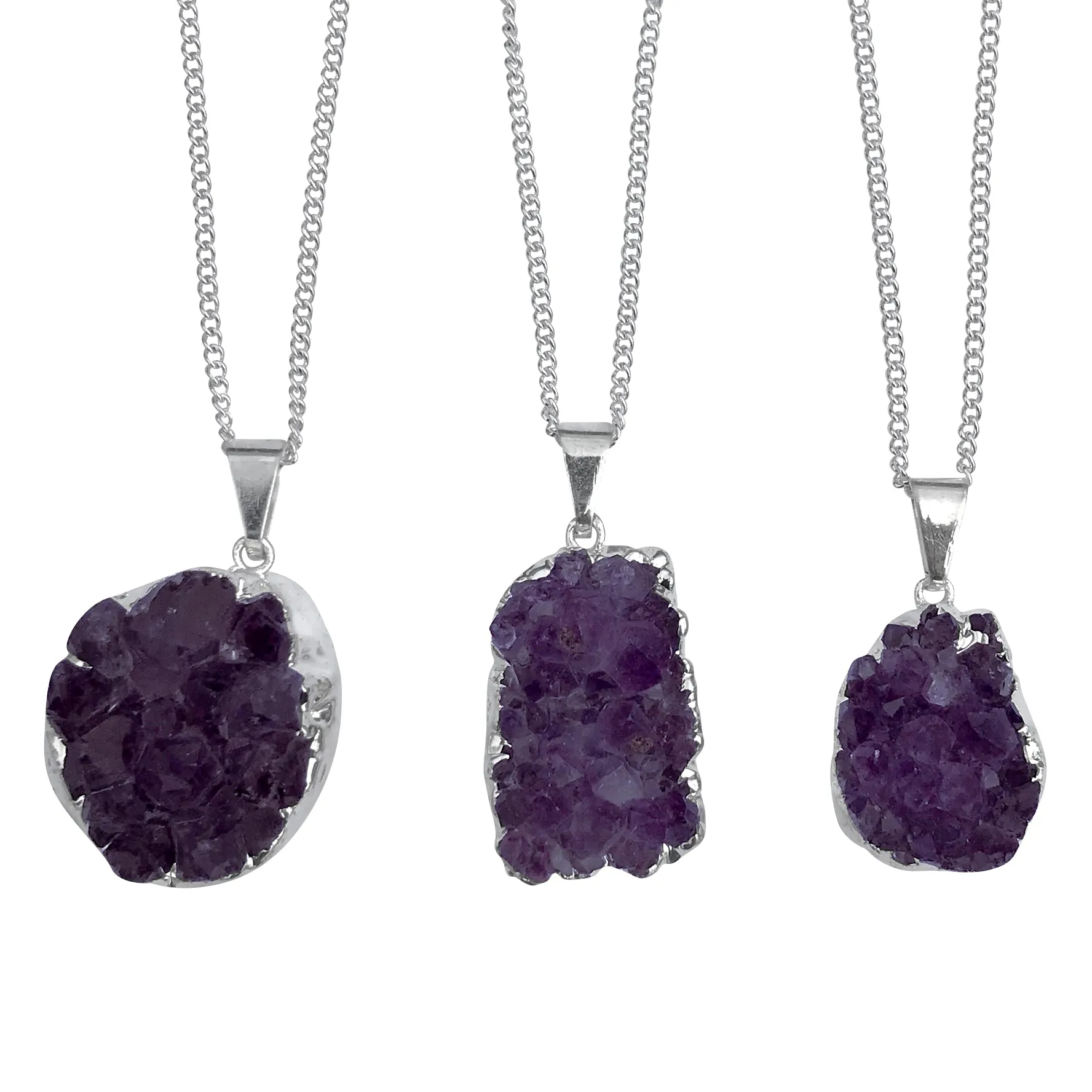 Natural Purple Amethyst Crystal Druzy Hand-cut Freeform Gemstone Silver Plated Pendant Necklace