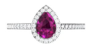 Natural Rhodolite Teardrop Halo Ring with Diamond