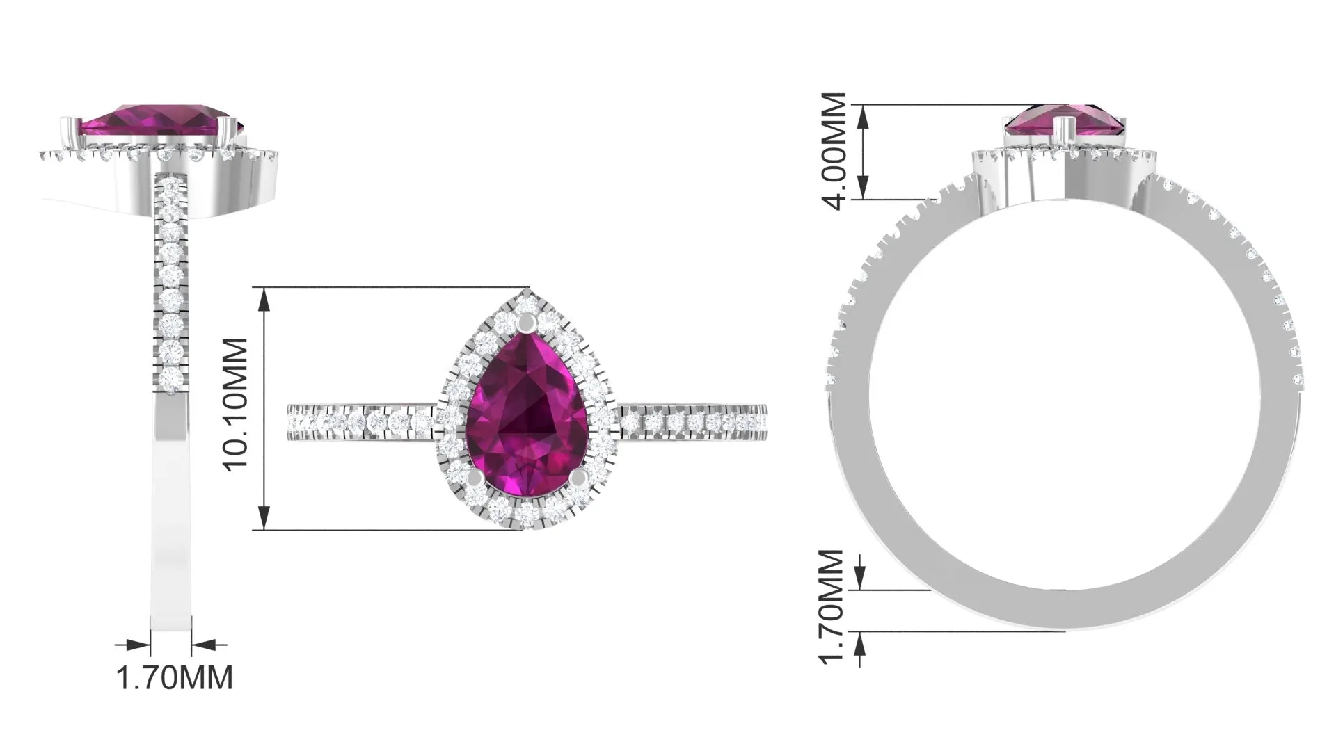 Natural Rhodolite Teardrop Halo Ring with Diamond