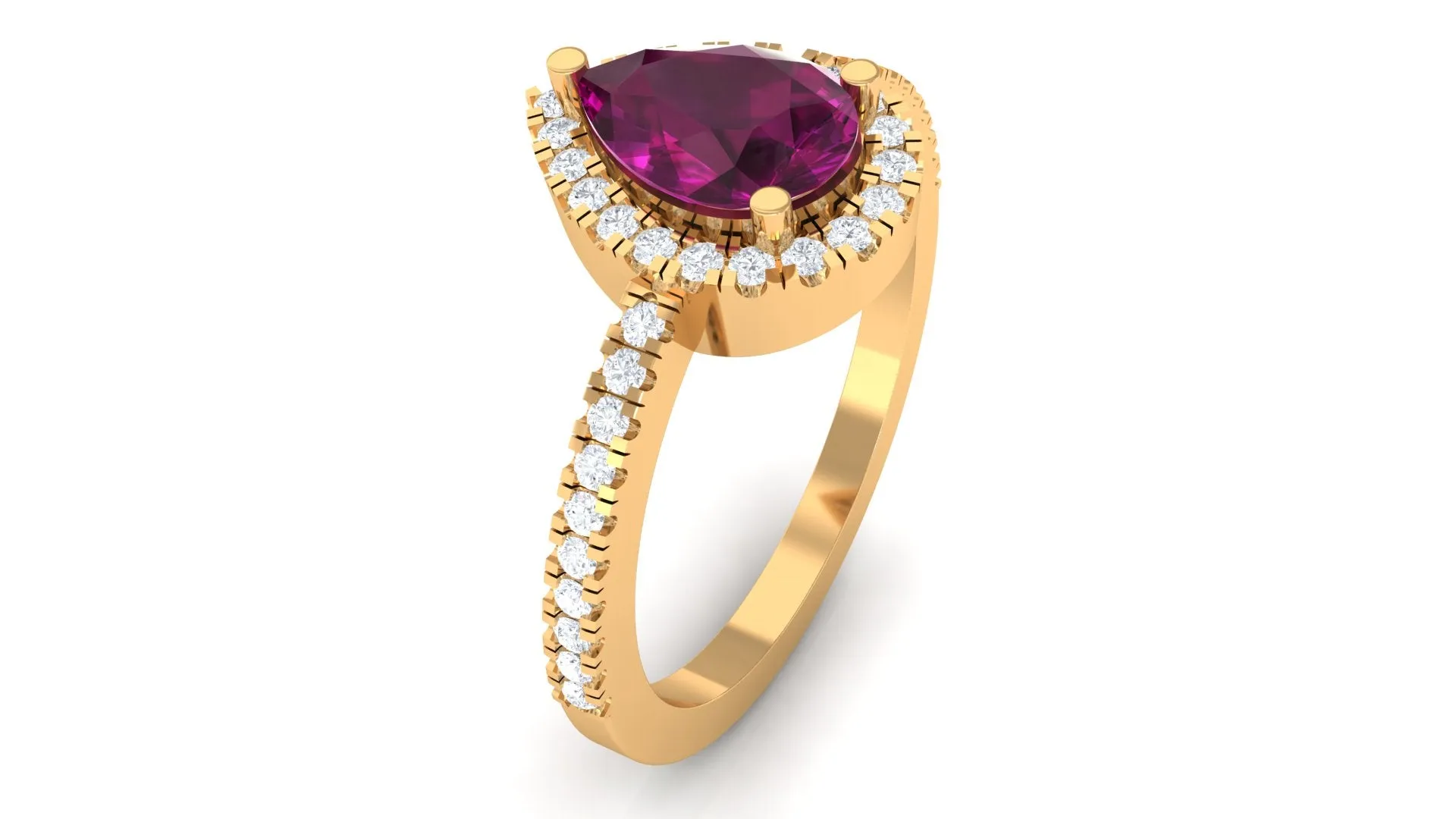 Natural Rhodolite Teardrop Halo Ring with Diamond