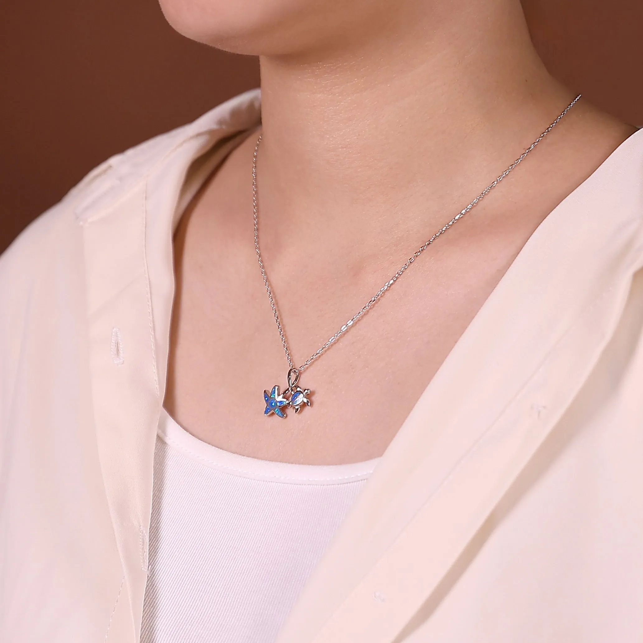 Nautical Blue Opal Sea Turtle Starfish Pendant Necklace in Sterling Silver