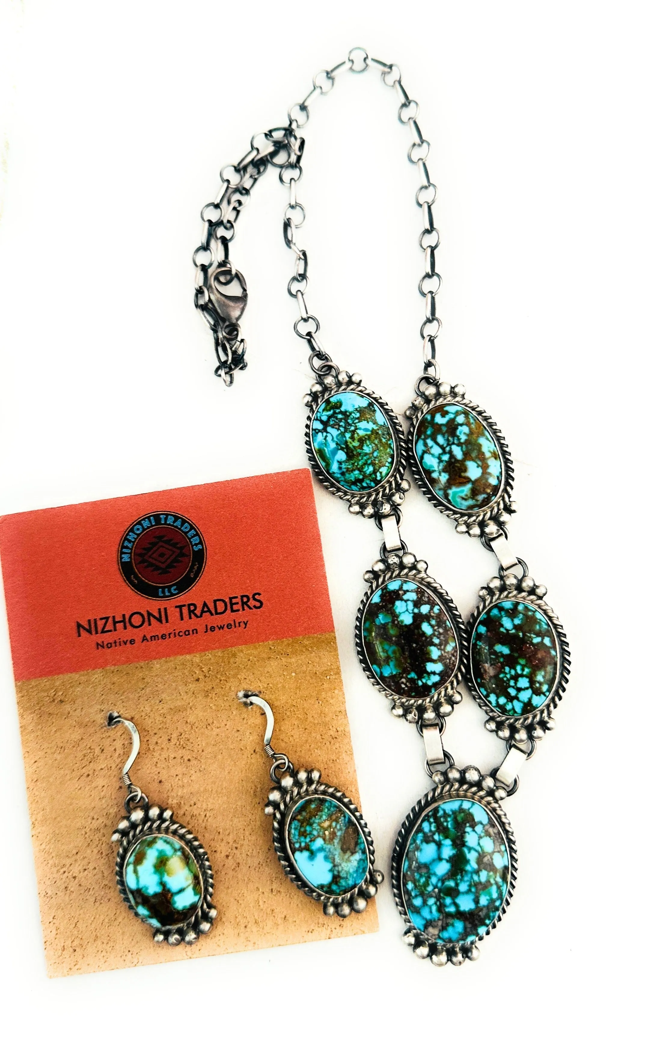 Navajo Sterling Silver & Kingman Web Turquoise Necklace Set