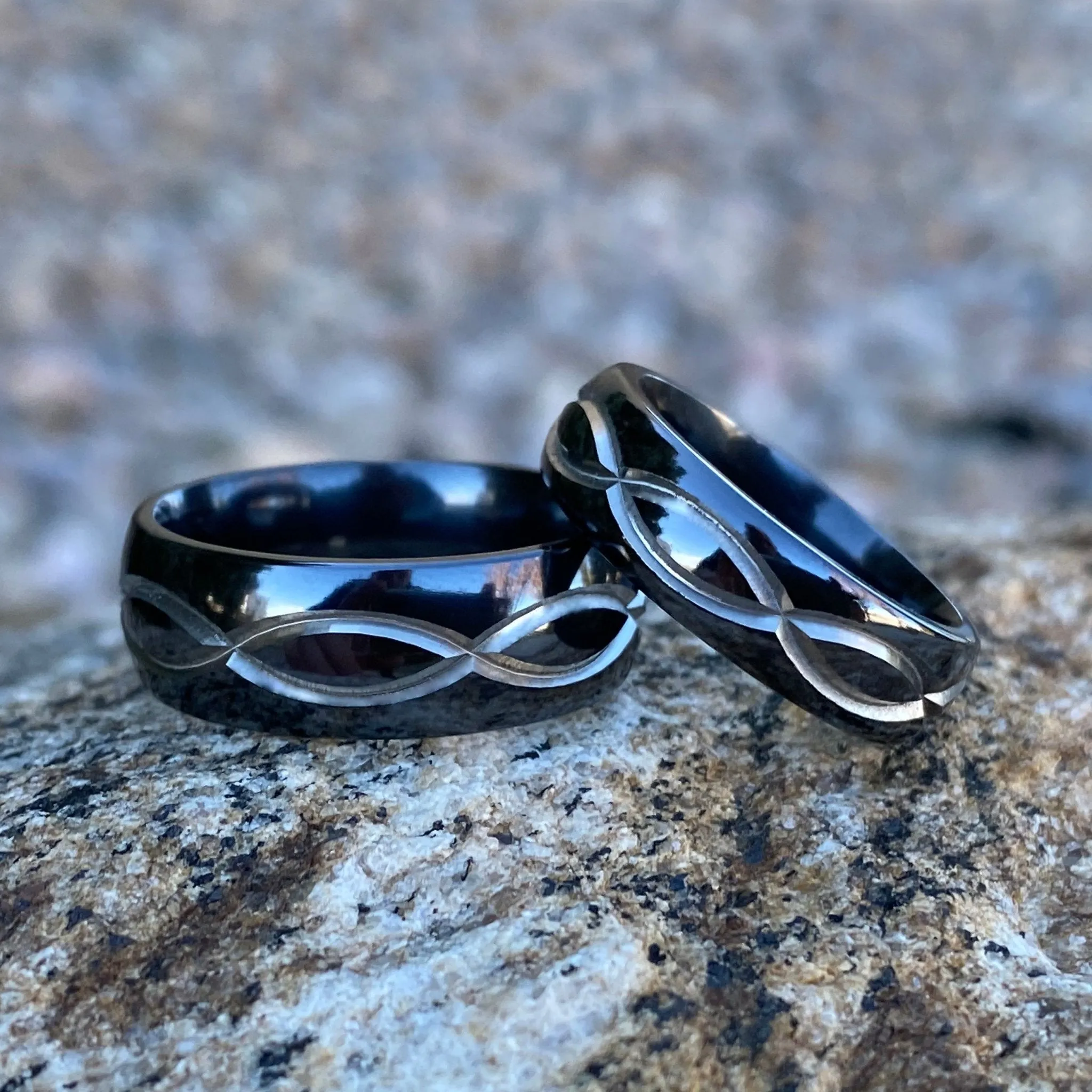 New Black Titanium Infinity His and Hers Set Wedding Bands - Matching Wedding Ring Set USA Black Wedding Bands