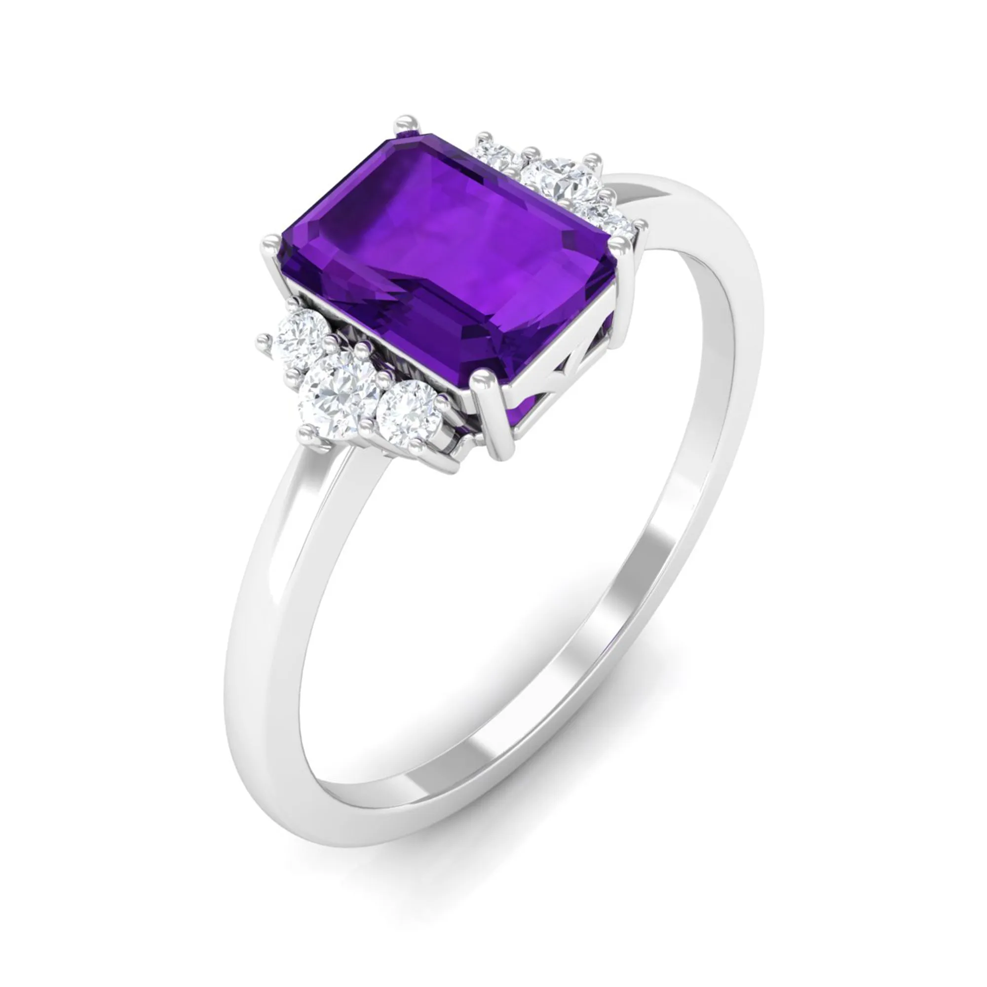 Octagon Cut Amethyst Solitaire Ring with Diamond Accent