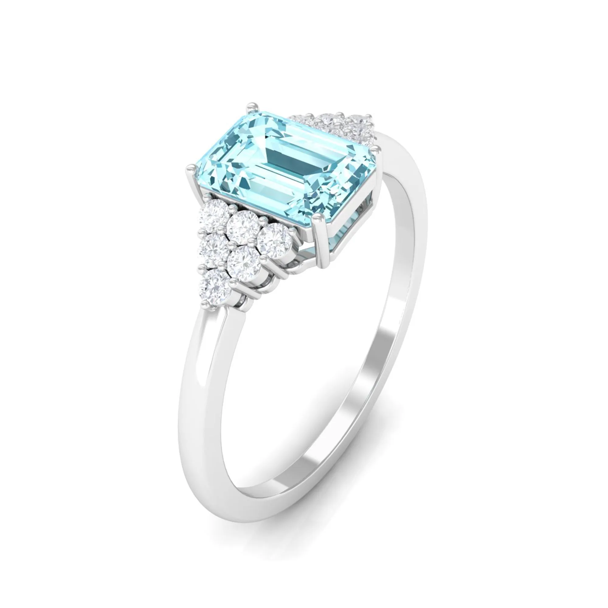 Octagon Cut Aquamarine Solitaire Engagement Ring with Diamond