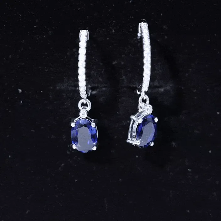 Oval Created Blue Sapphire Hoop Drop Earrings with Moissanite