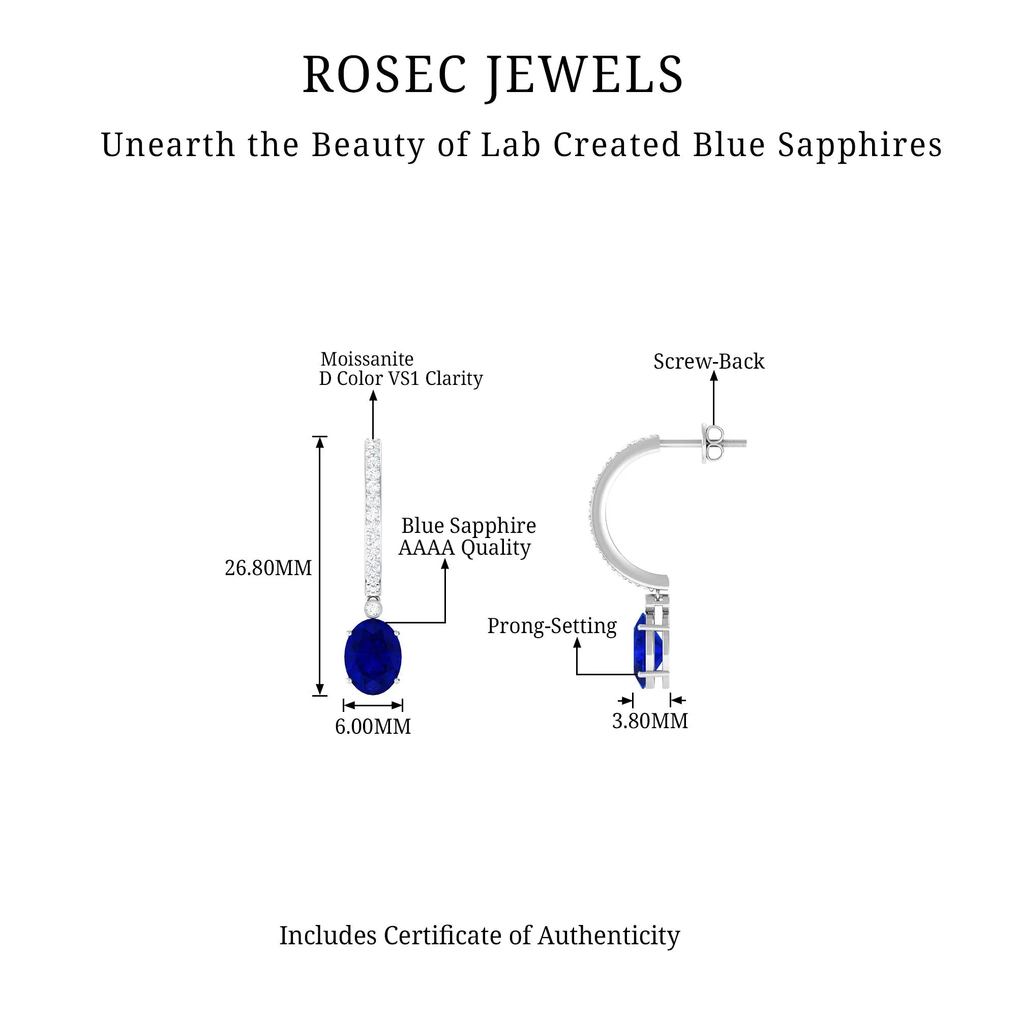 Oval Created Blue Sapphire Hoop Drop Earrings with Moissanite