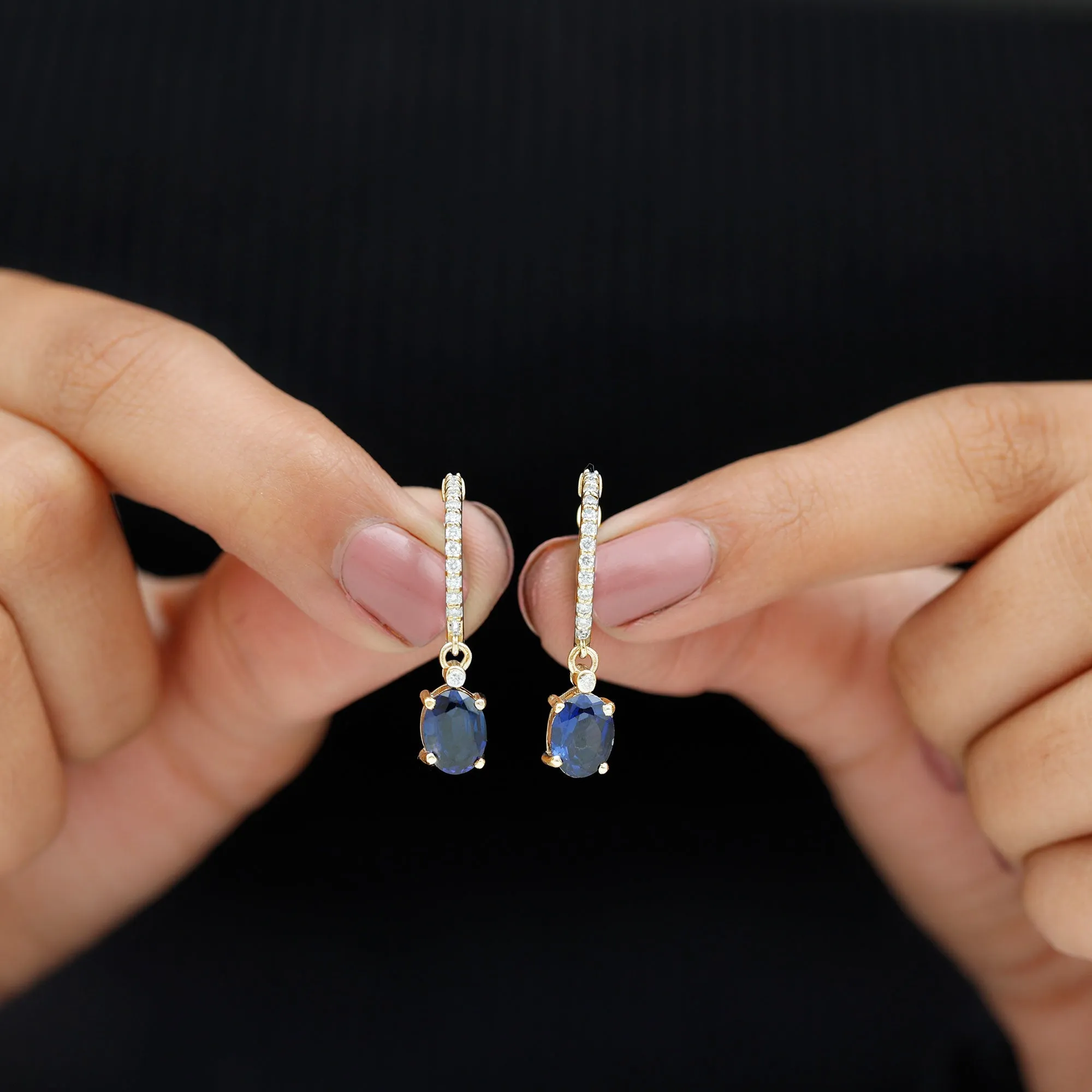 Oval Created Blue Sapphire Hoop Drop Earrings with Moissanite