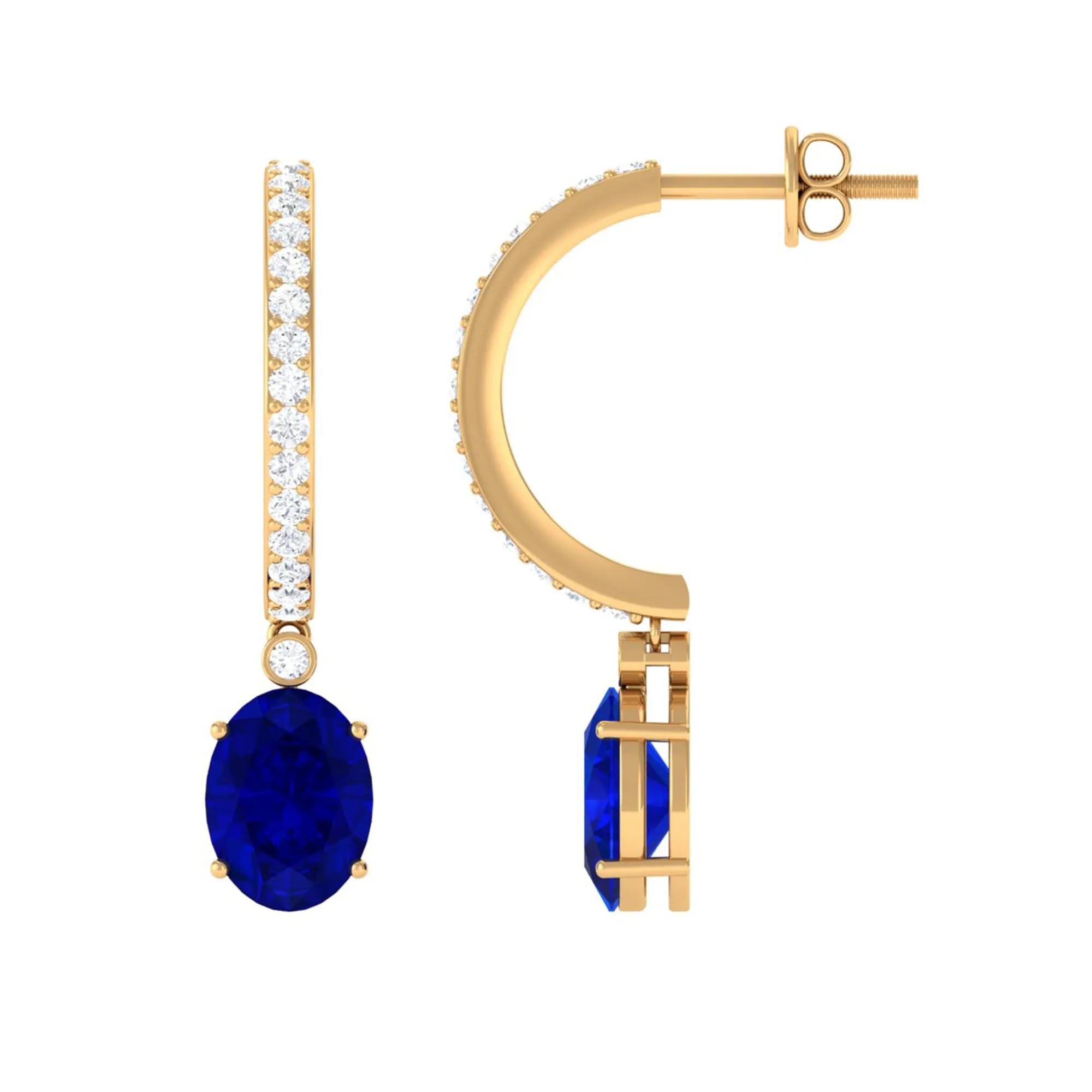 Oval Created Blue Sapphire Hoop Drop Earrings with Moissanite